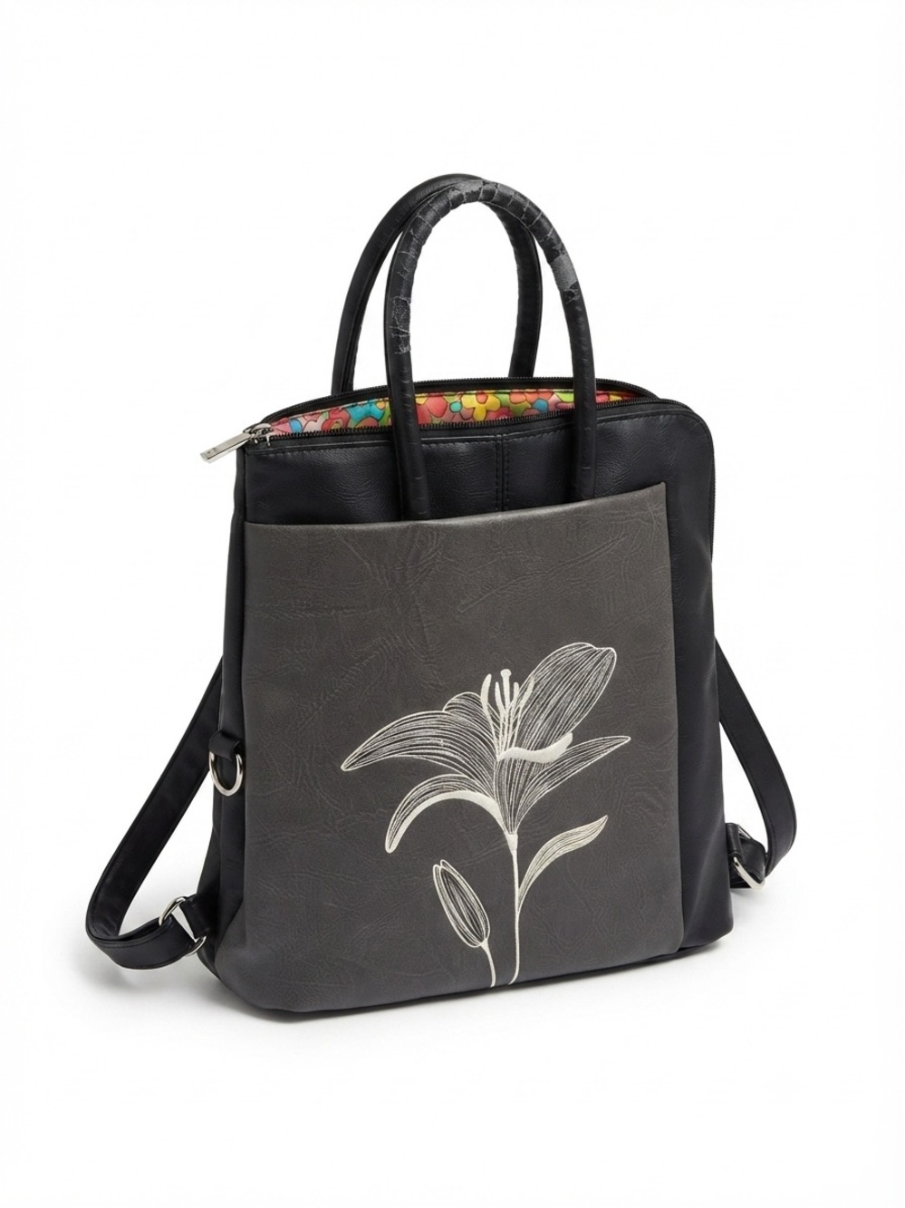 Espe Vintage Y2K Convertible Backpack Purse Black Grey Floral Lily Mini Bag